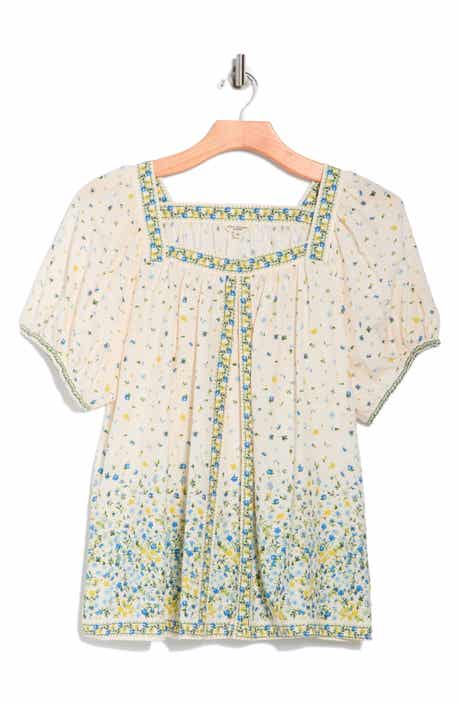 MAX STUDIO Square Neck Puff Sleeve Cotton Blend Top