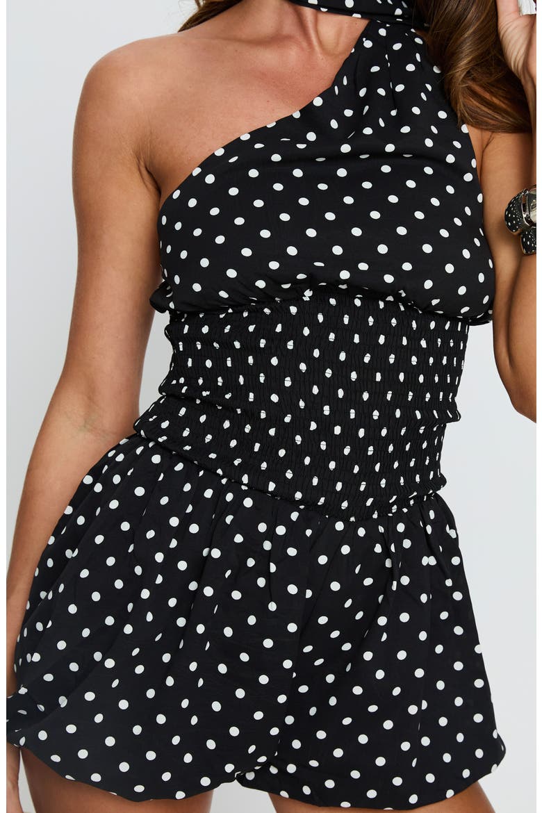 Saloma One-Shoulder Polka Dot Scarf Romper, Alternate, color, BLACK POLKA