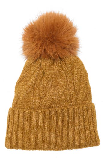 Melrose And Market Faux Fur Pompom Beanie In Brown