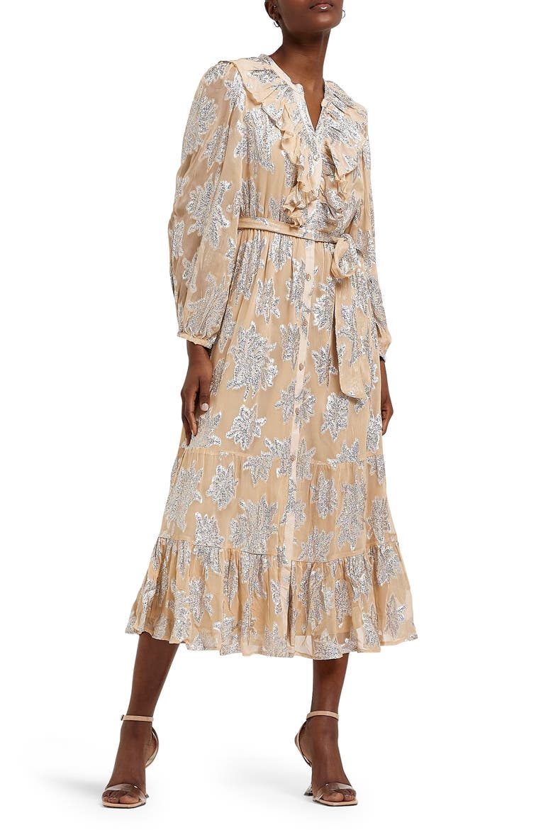 Ultimate Ruffle Metallic Floral Long Sleeve Dress, Main, color, LIGHT PINK