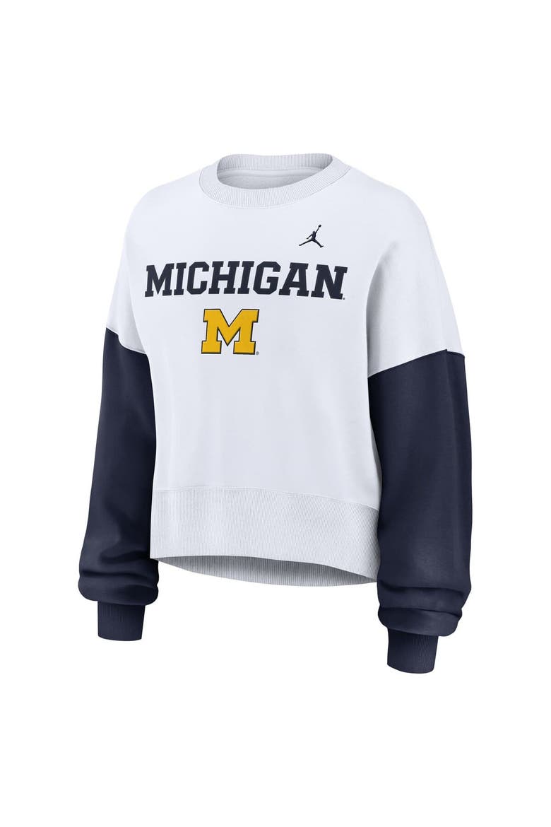 Women's Nike White Michigan Wolverines Color-Block Oversized Cropped Pullover Sweatshirt, Alternate, color, White