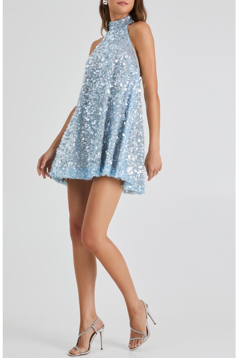 Megan Sequin Halter Trapeze Minidress, Alternate, color, ICY BLUE