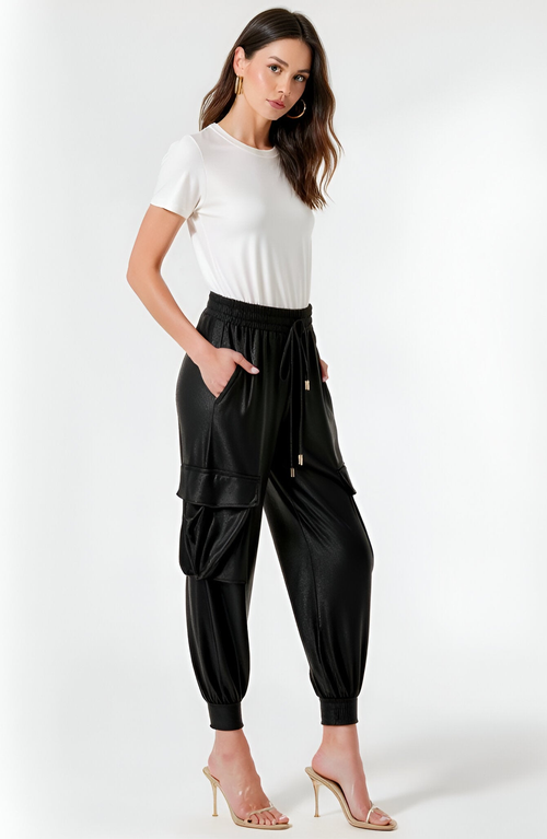 Modenaire Faux Leather Cargo Drawstring Jogger Pants In Black