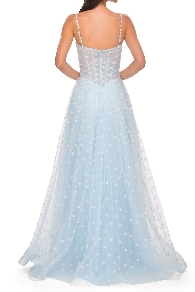 Polka Dot Tulle Prom Dress with Sheer Corset Top, Alternate, color, Light Blue