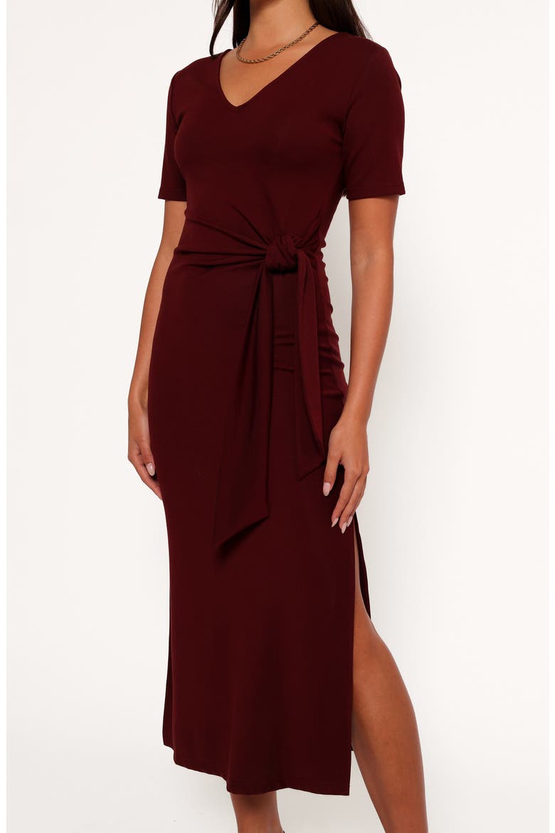 Asha Short Sleeve Tie Waist Midi Dress, Alternate, color, WINE