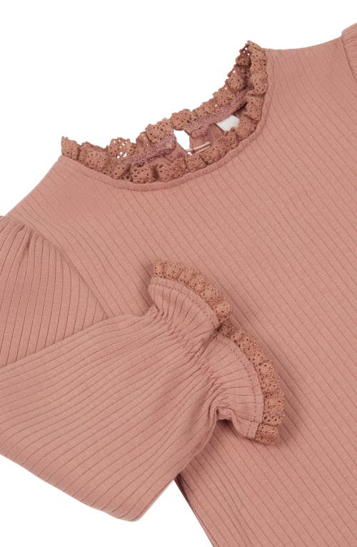 Mori Ruffle Trim Long Sleeve Rib Bodysuit In Rose Frill