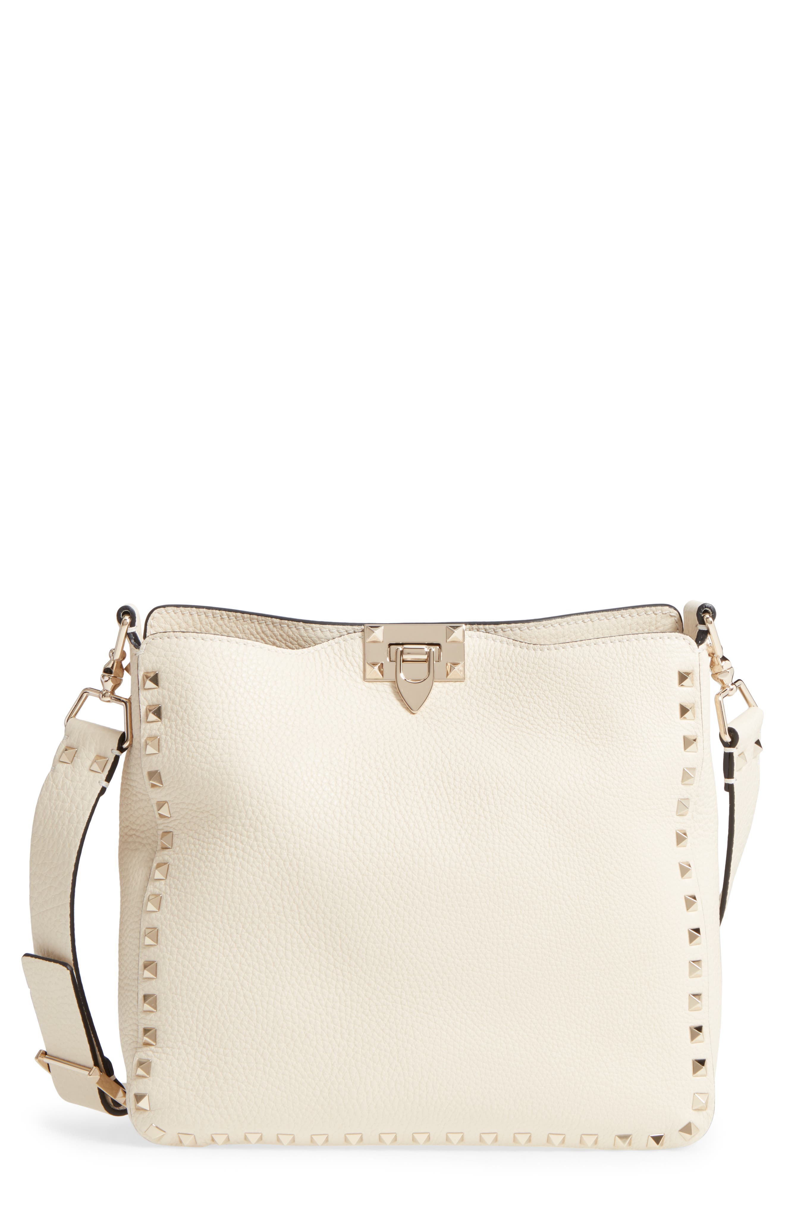 Small Rockstud Leather Hobo, Main, color, IVORY