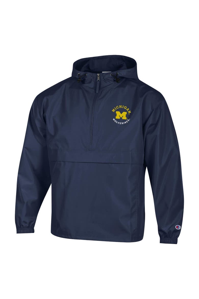Men's Champion  Navy Michigan Wolverines Packable Hooded Windbreaker Half-Zip Jacket, Alternate, color, Navy