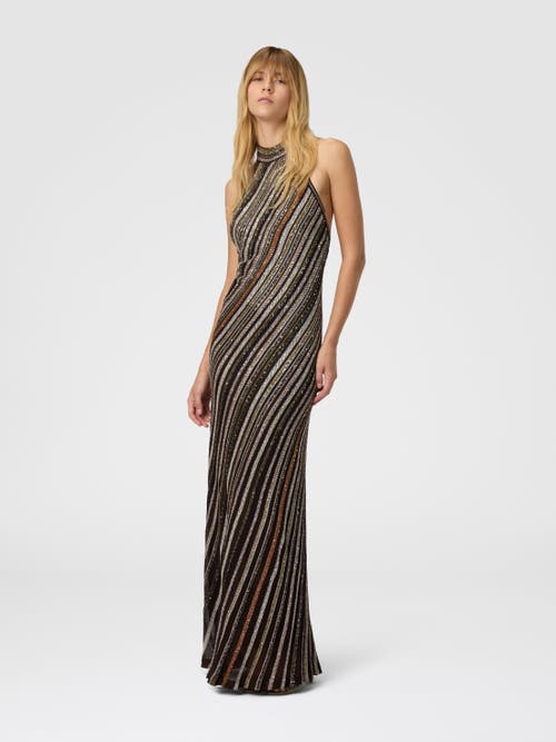 Missoni Long Dress With Halter Neck And Herringbone Stripe Knit In Green