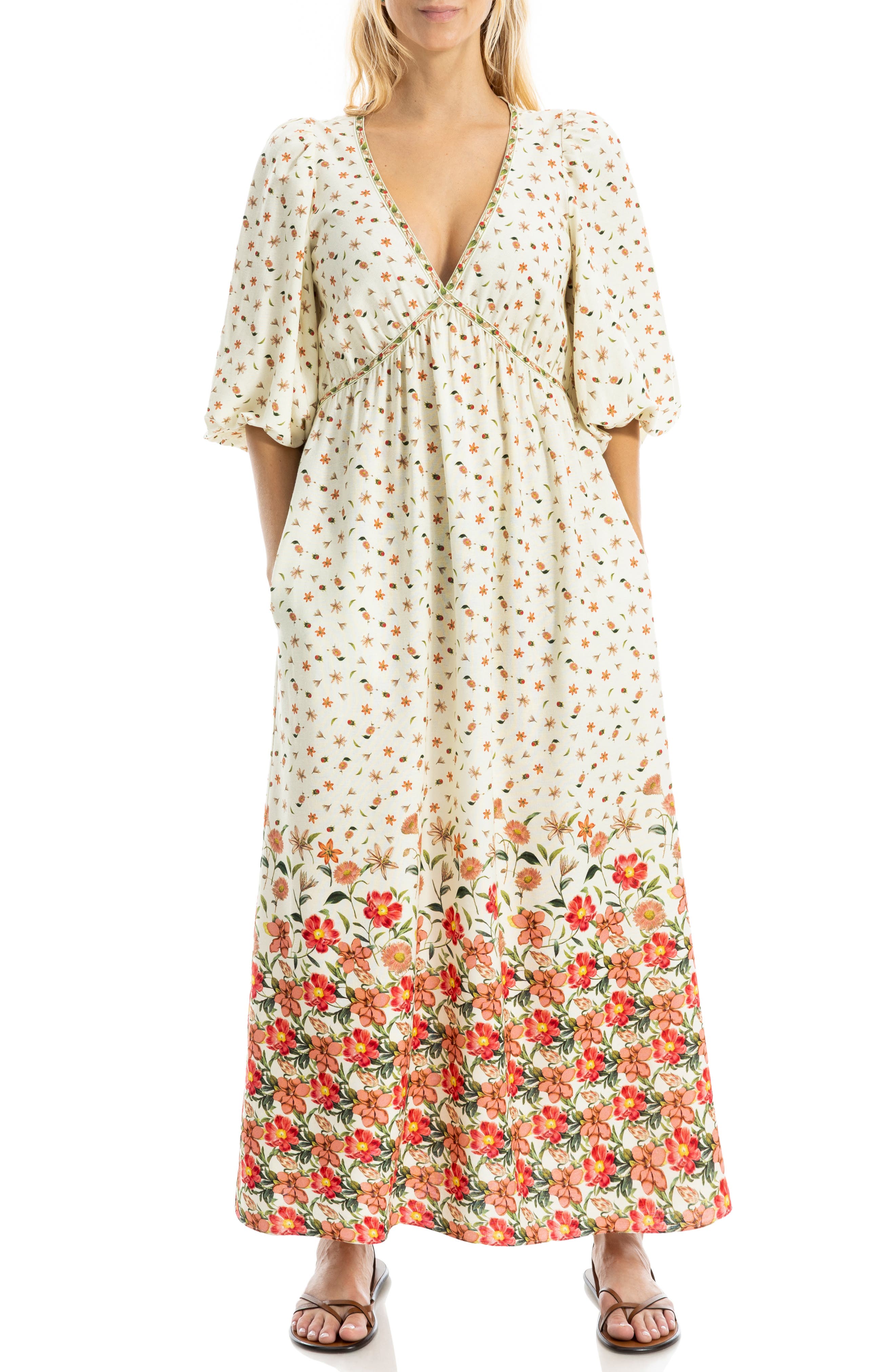 Puff Sleeve Plunge Neck Midi Dress - image 3
