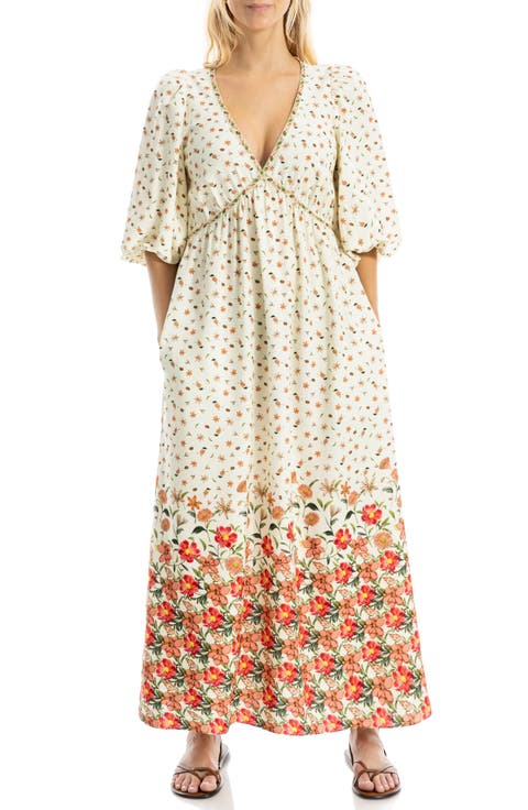 Puff Sleeve Plunge Neck Midi Dress