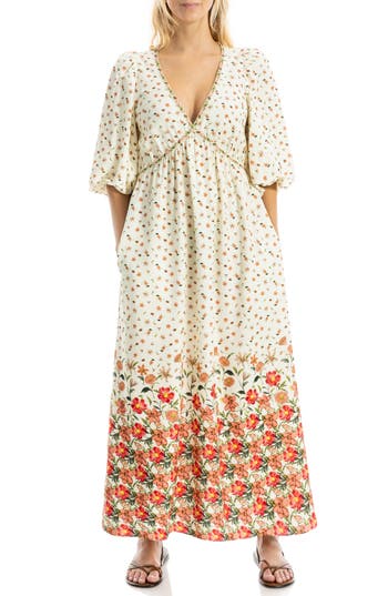 Max Studio Puff Sleeve Plunge Neck Midi Dress In Multi