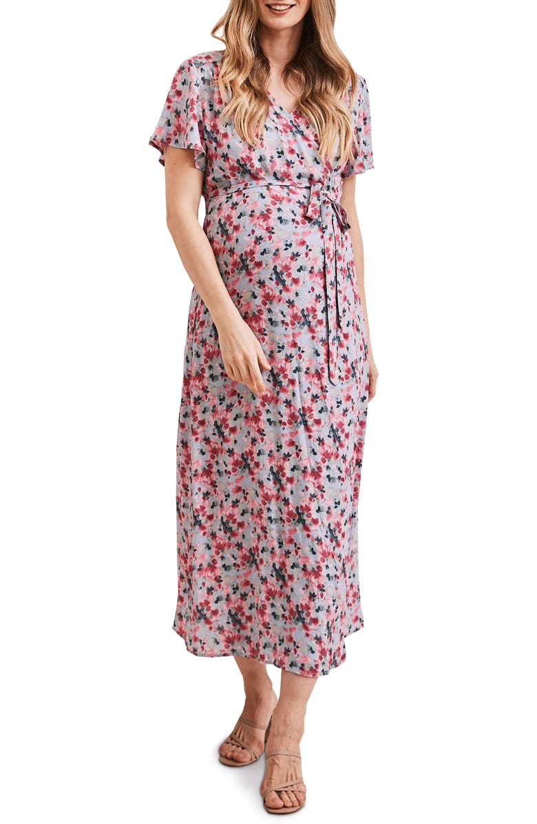 Angel Maternity Floral Midi Wrap Maternity Dress, Main, color, 