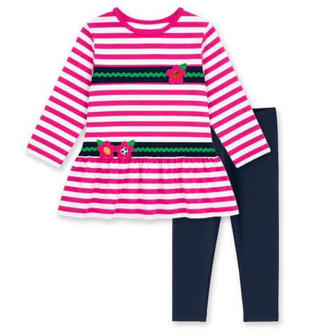 Stripe Knit Tunic With Sport Flowers And Leggings