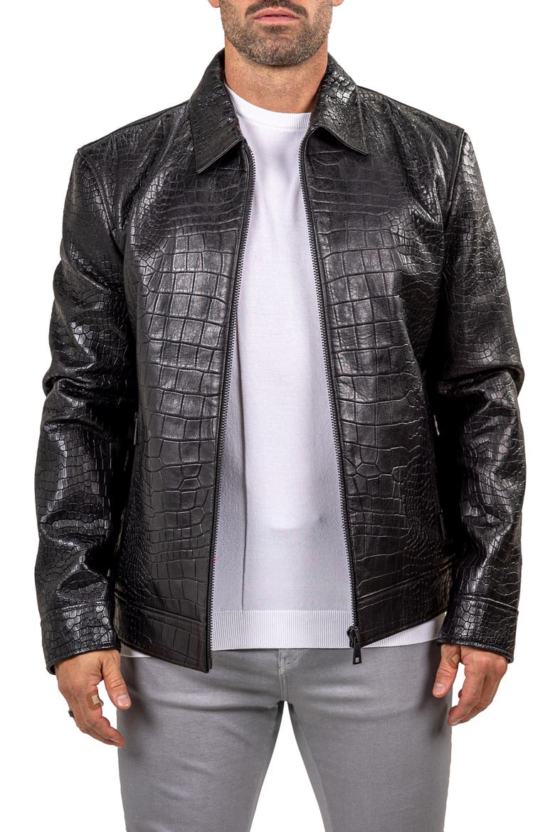 Marthyr Croc Embossed Leather Jacket, Main, color, BLACK