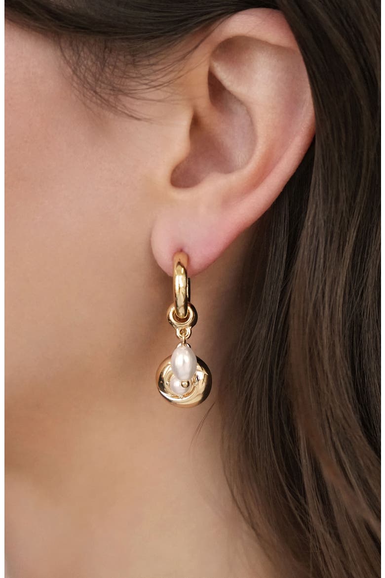 Faux Pearl Charm Huggie Hoop Earrings, Alternate, color, GOLD