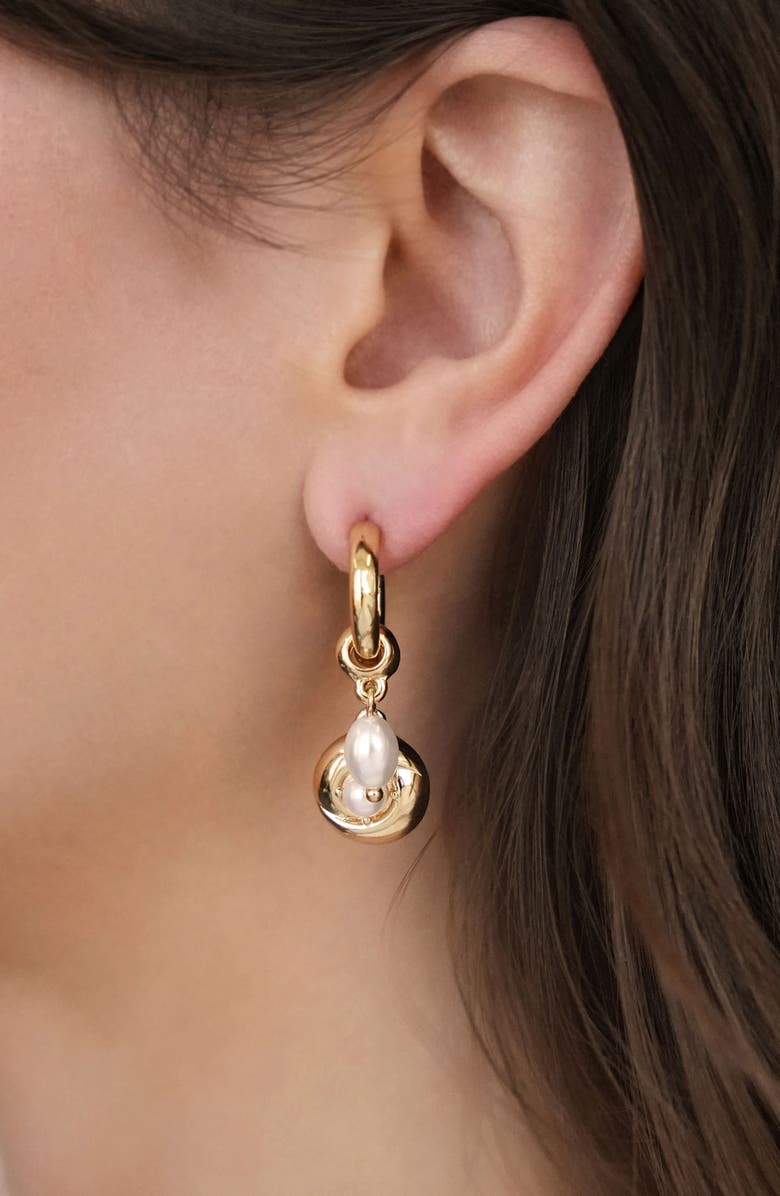 Ettika Faux Pearl Charm Huggie Hoop Earrings, Alternate, color, Gold