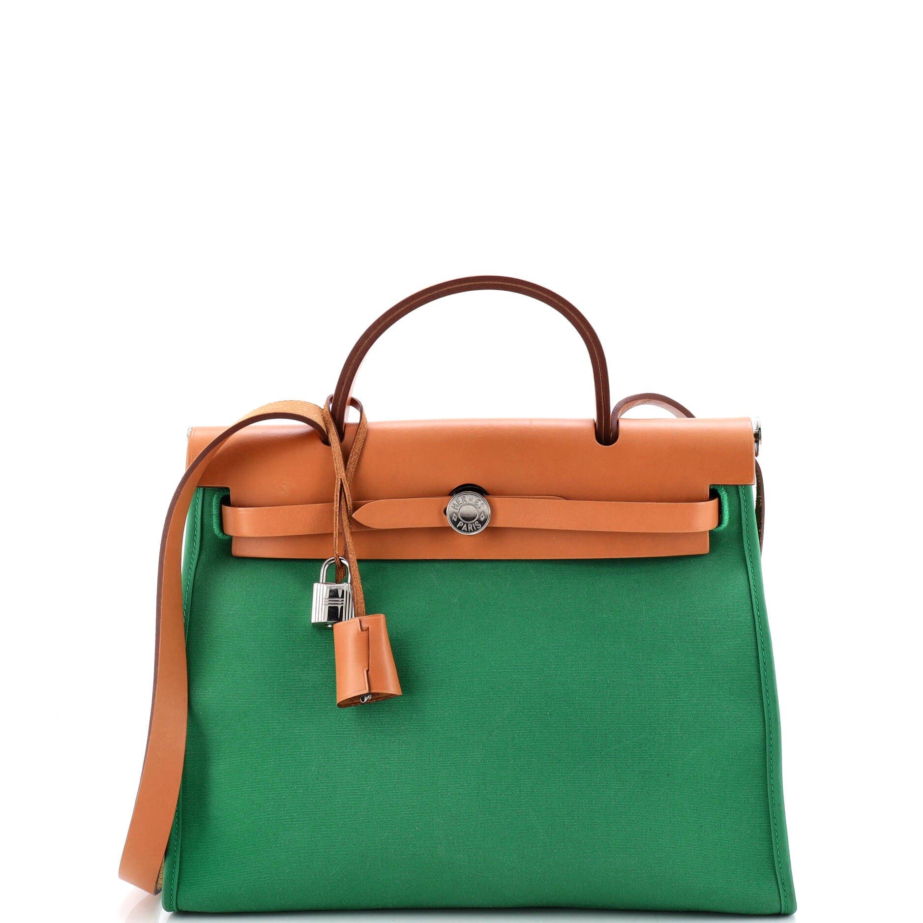 Pre-Owned Hermes Herbag Zip Leather and Toile 31, Main, color, Green