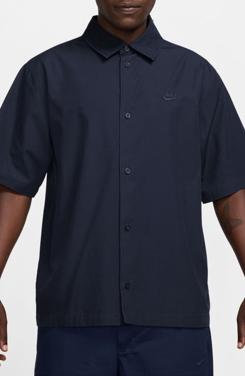 Nike Club Oversize Short Sleeve Cotton Poplin Button-up Shirt In Obsidian