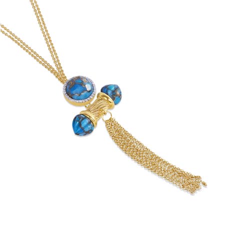 Sunkissed Design Yellow Gold Plated Silver Turquoise Gemstone Diamond Fringe Necklace