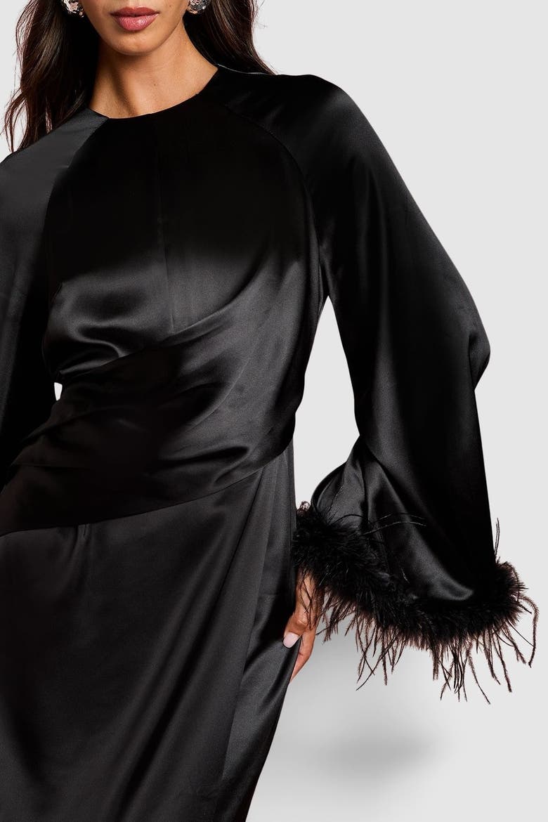 Long Sleeve Trim Satin Maxi Dress, Alternate, color, Black
