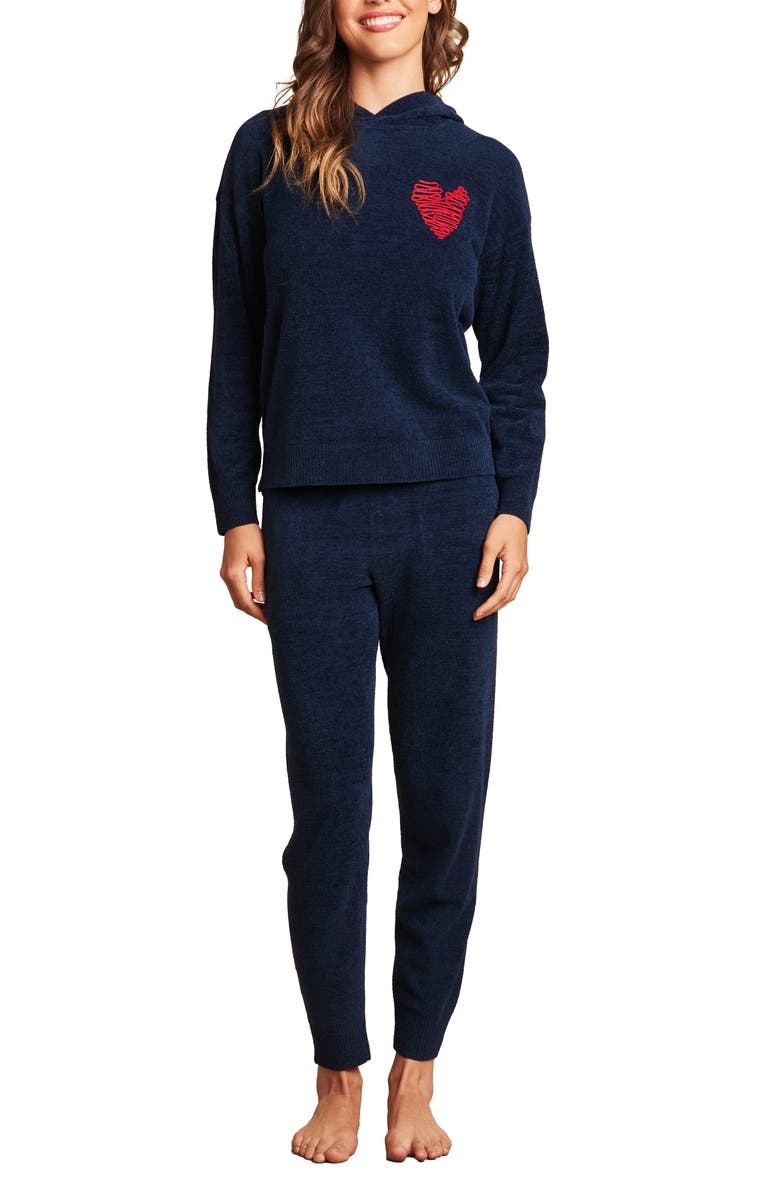 Barefoot Dreams<sup>®</sup> Embroidered Heart CozyChic Ultra Lite<sup>®</sup> Lounge Hoodie, Main, color, Marine/ Scarlet