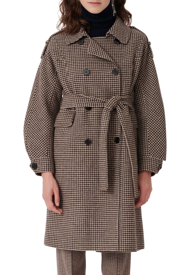 Houndstooth Check Belted Wool Blend Coat, Main, color, BROWN