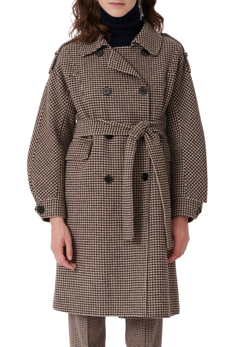 maje Houndstooth Check Belted Wool Blend Coat, Main, color, 