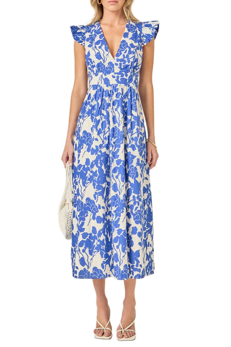 Print Tie Back Midi Dress, Main, color, BLUE