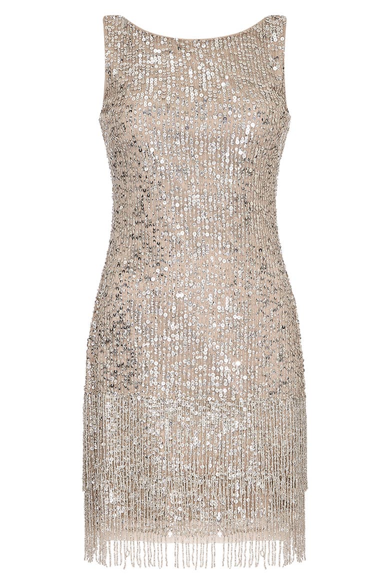 Beaded Fringe Sequin Cocktail Dress, Alternate, color, SILVER
