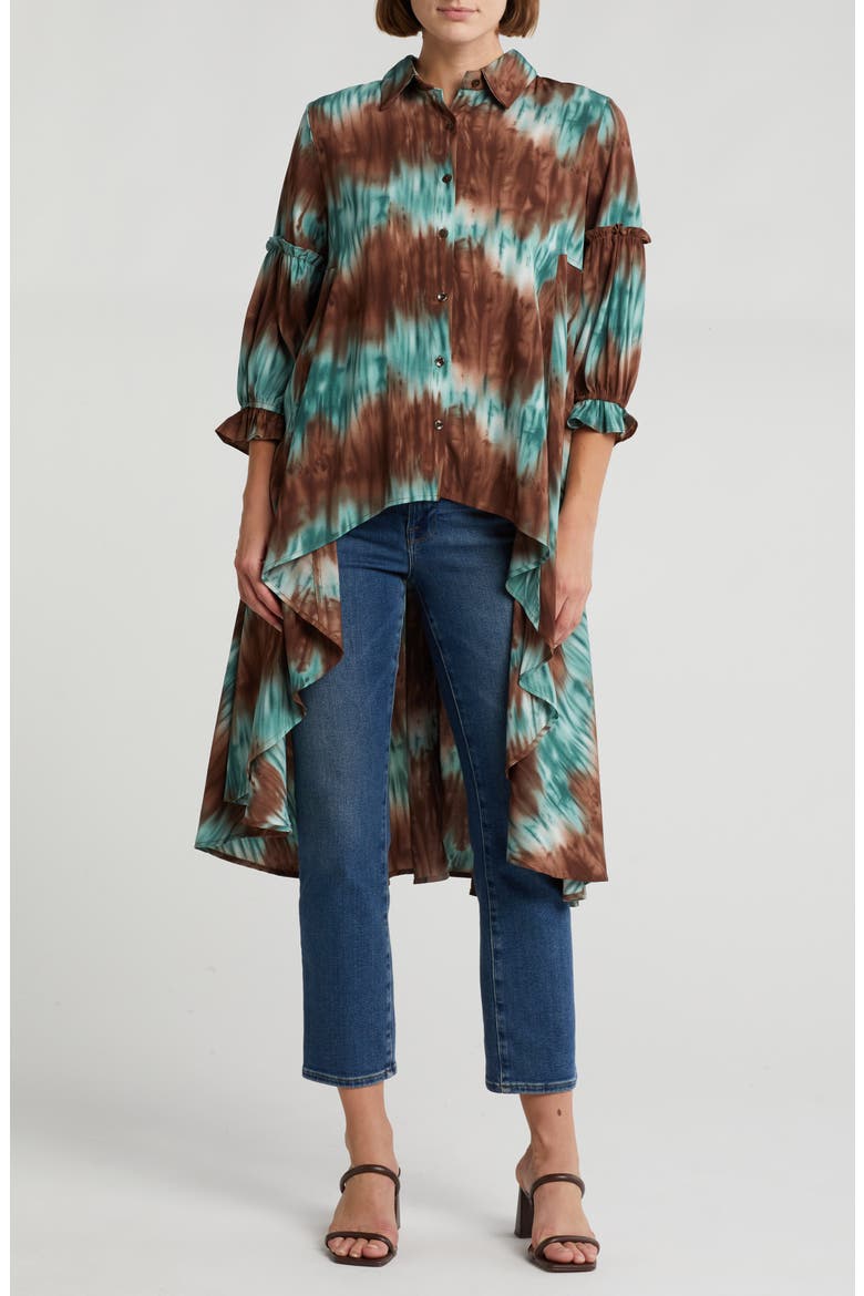 Tie Dye High-Low Button-Up Shirt, Main, color, BROWN