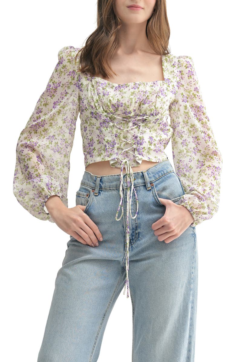 Lush Floral Long Sleeve Corset Top, Main, color, Lilac Floral