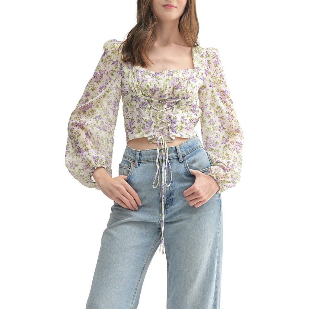 Lush Floral Long Sleeve Corset Top In Gray