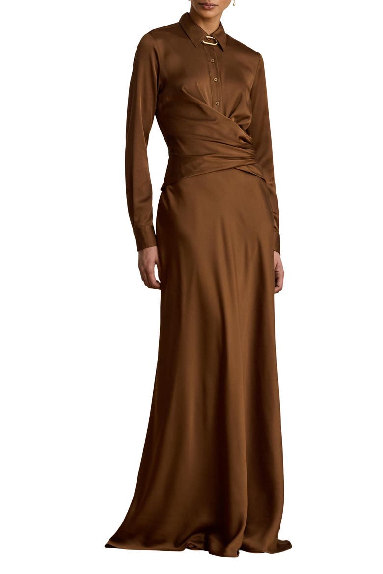 Featherweight Satin Charmeuse Shirtdress Gown, Main, color, LIGHT TOBACCO BROWN