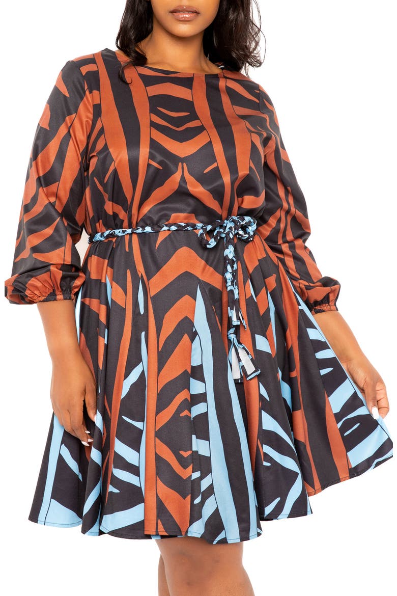 Bishop Sleeve Belted Fit & Flare Dress, Alternate, color, BROWN MULTI