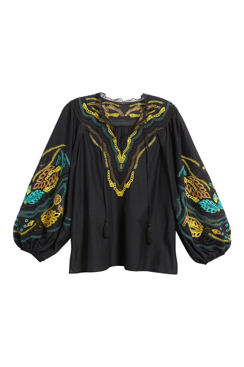 Embroidered Cotton & Silk Peasant Top, Alternate, color, BLACK