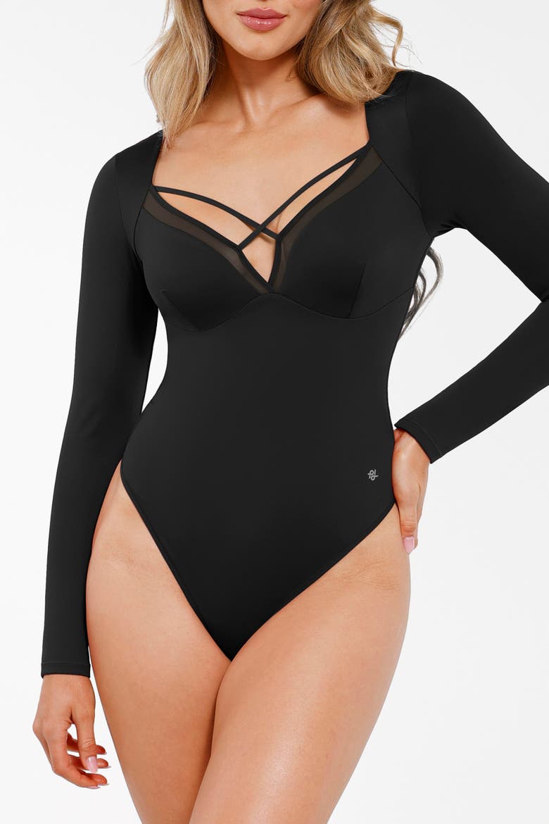 Shapewear Long Sleeve Mesh Inset Tummy Control Bodysuit, Alternate, color, Jet