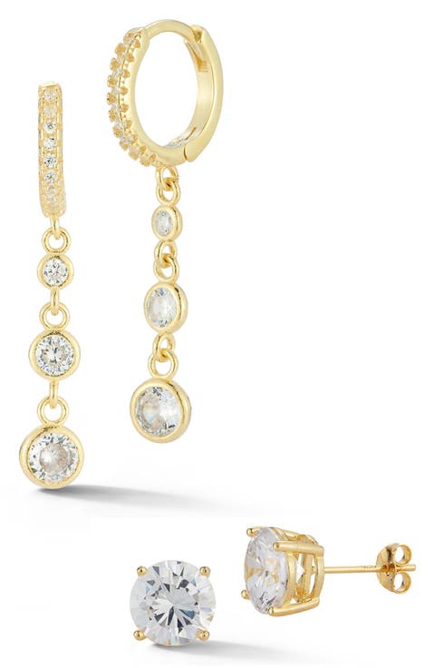 CZ Huggie Chain Drop & Stud Earrings Set