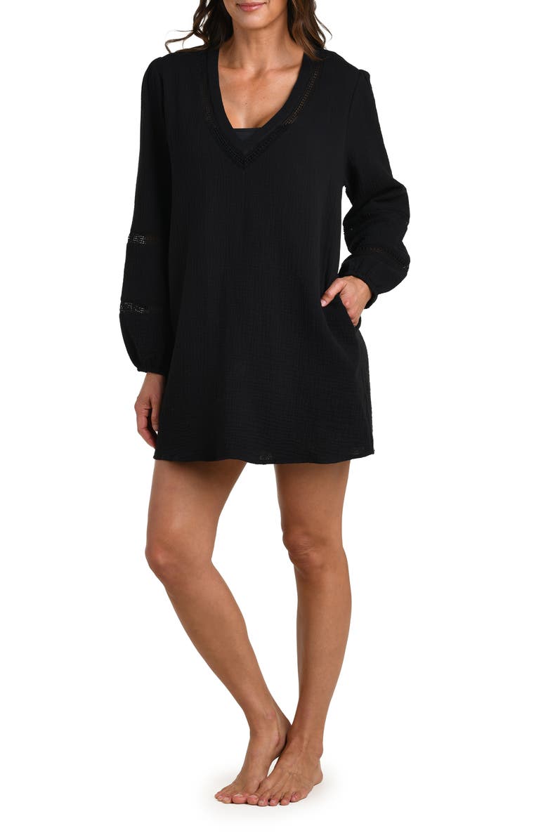 La Blanca Seaside Lace Inset Long Sleeve Cotton Cover-Up Dress, Alternate, color, Black
