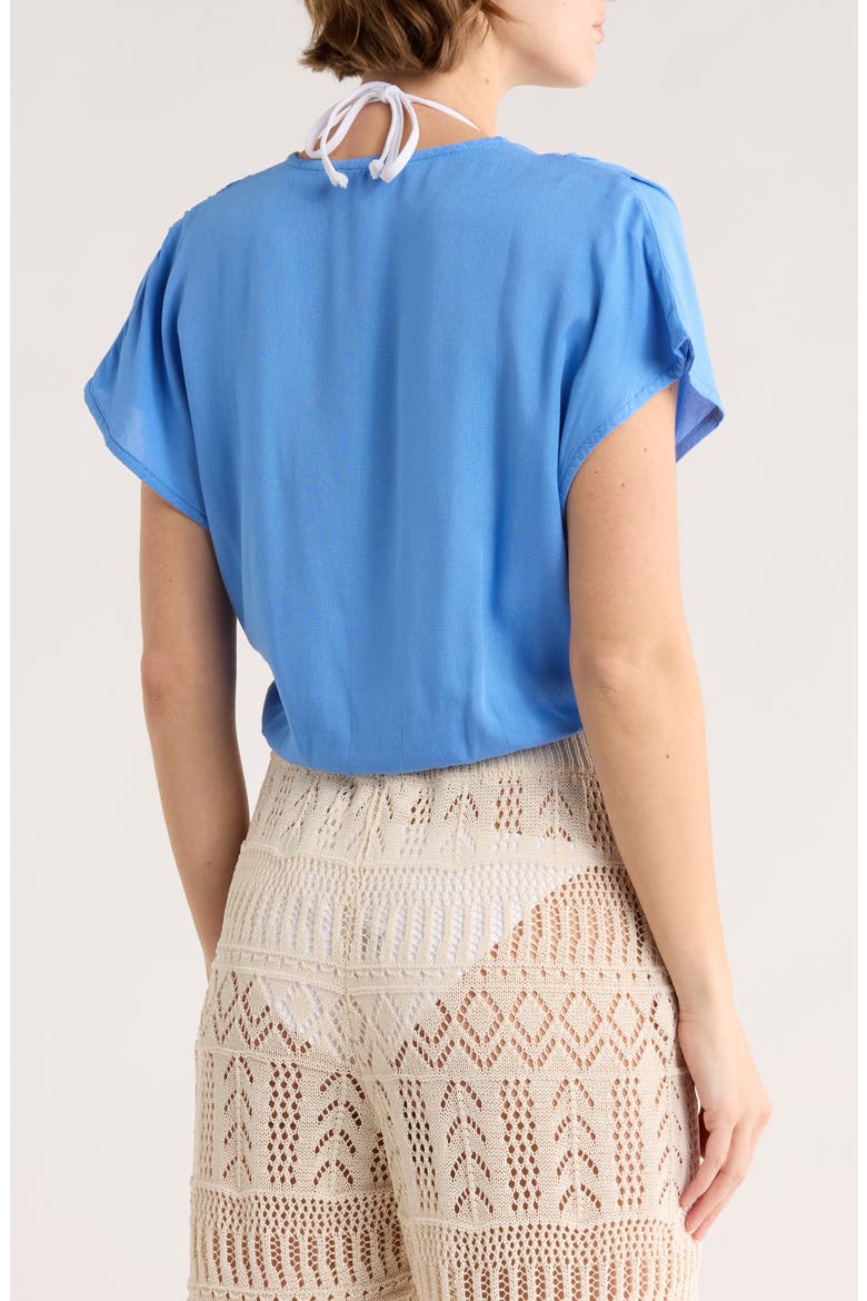 Short Sleeve Faux Wrap Cover-Up Crop Top, Alternate, color, BLUE