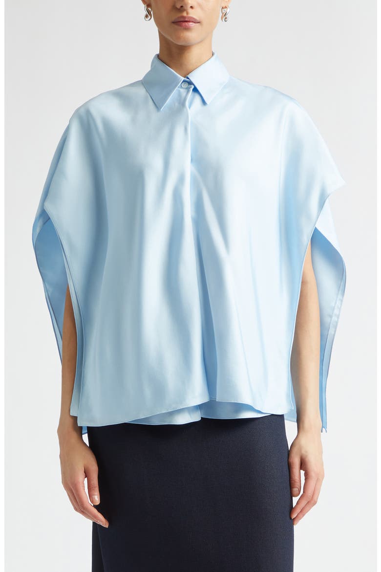 Layered Short Sleeve Silk Twill Button-Up Shirt, Main, color, 4052 OXFORD BLUE