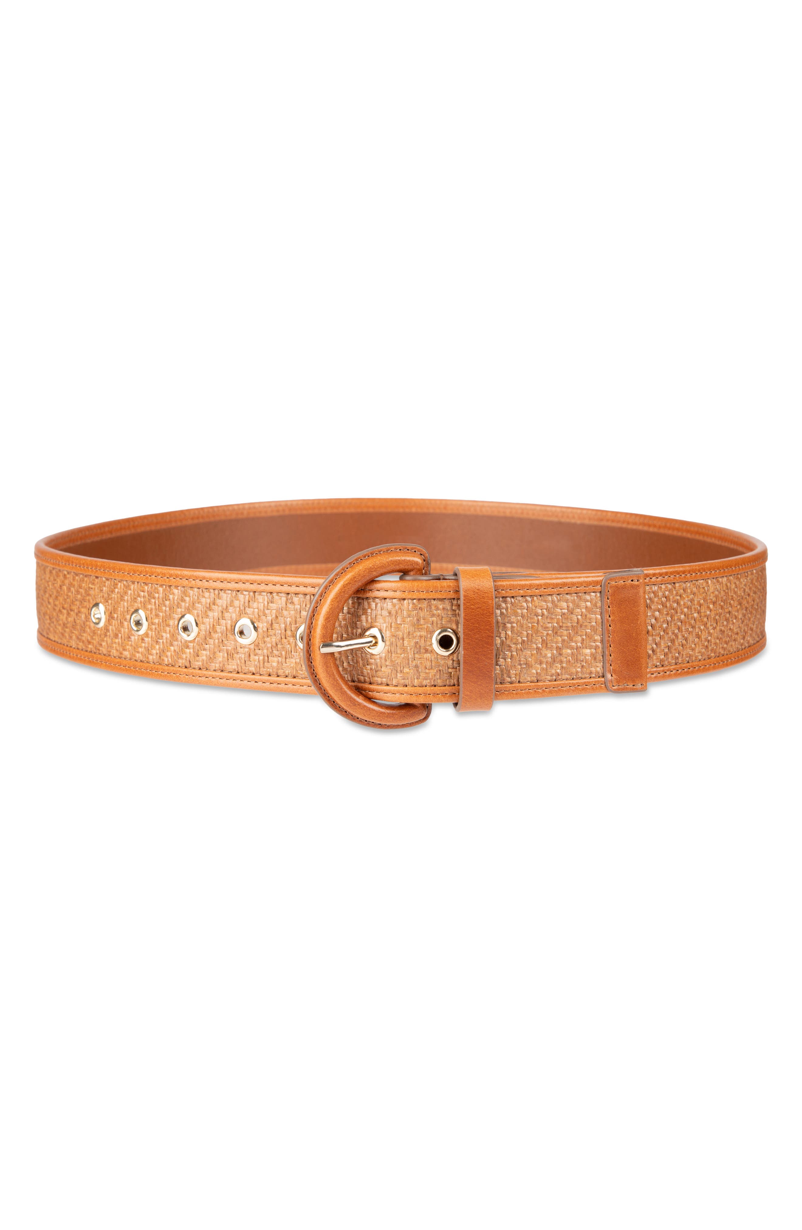 Cole Haan Leather Trim Raffia Belt in Tan/Natural 