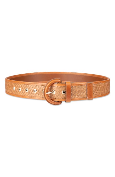 Leather Trim Raffia Belt