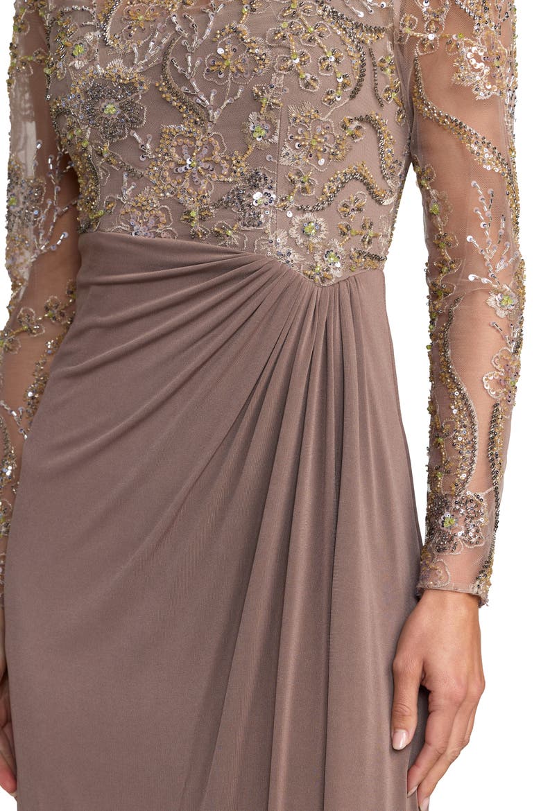 Embroidered Long Sleeve Jersey Evening Gown, Alternate, color, Golden Brown