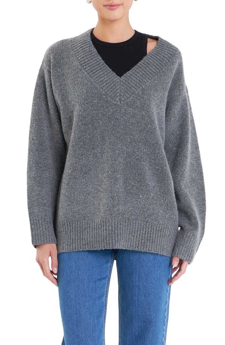 English Factory Oversize V-Neck Sweater, Main, color, Charcoal