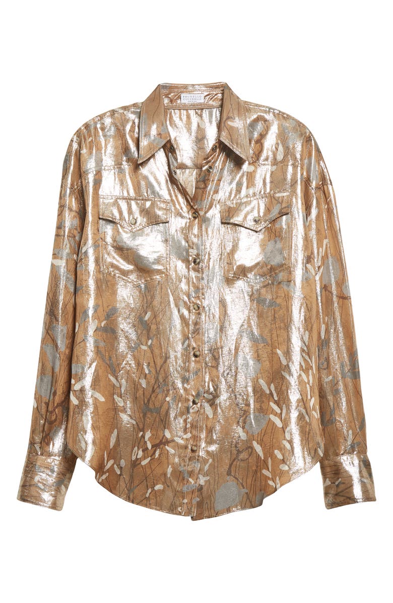 Brunello Cucinelli Metallic Leaf Print Silk Blend Button-Up Blouse, Alternate, color,