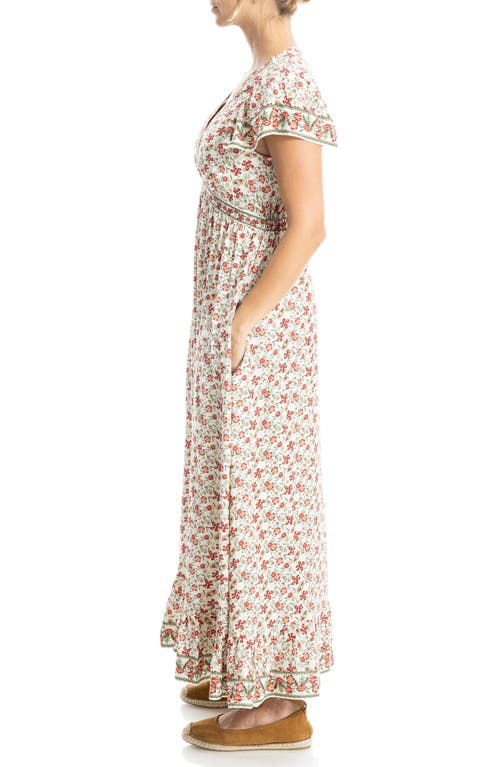 Max Studio Empire Waist Flutter Sleeve Maxi Dress In Cream Brown Red Floral