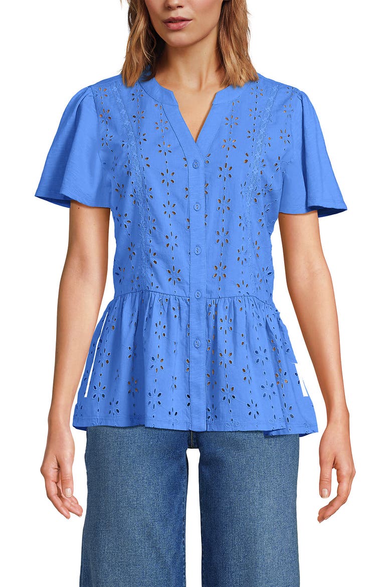 Short Sleeve Mixed Media Eyelet Top, Alternate, color, Crisp Blue
