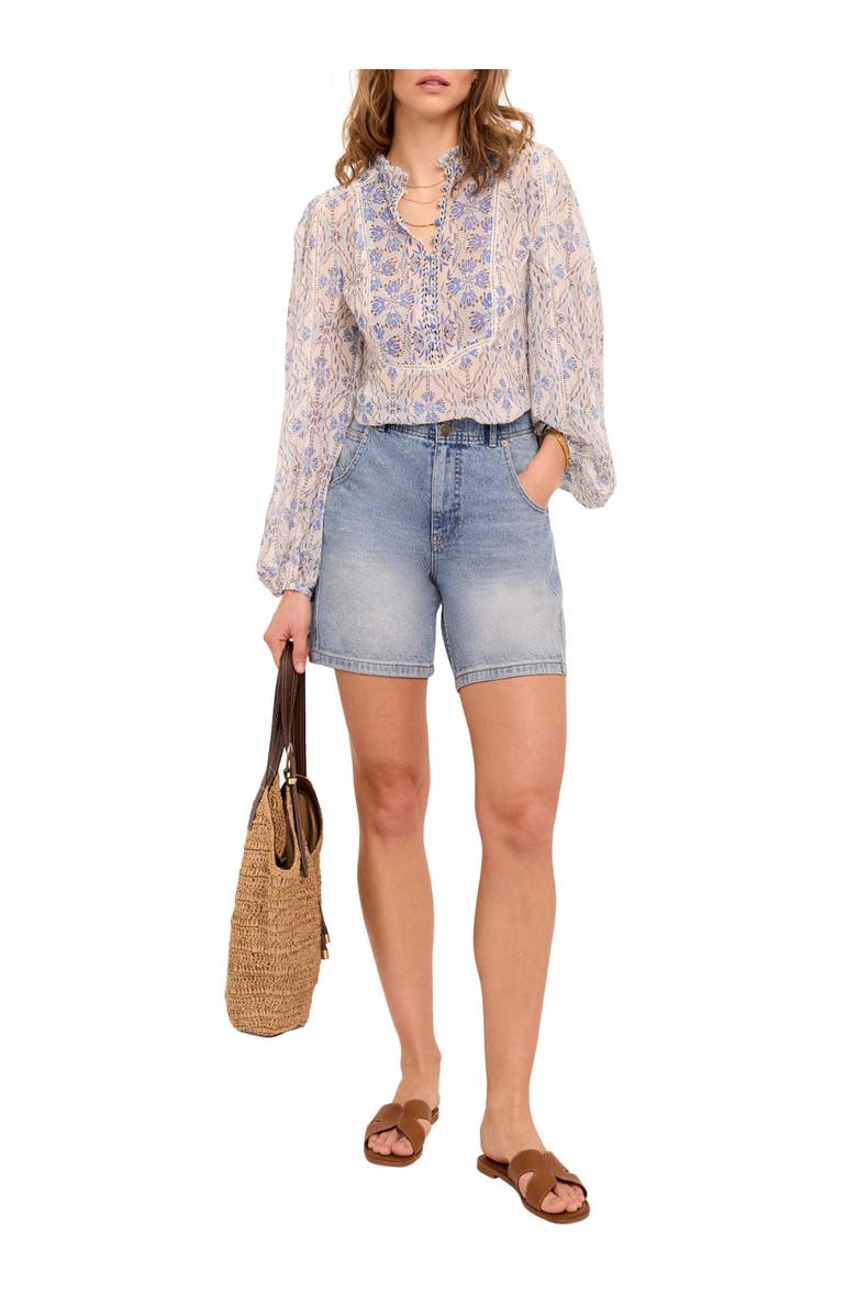 MINT VELVET Geo Print Ruffle Blouse, Main, color, Blue