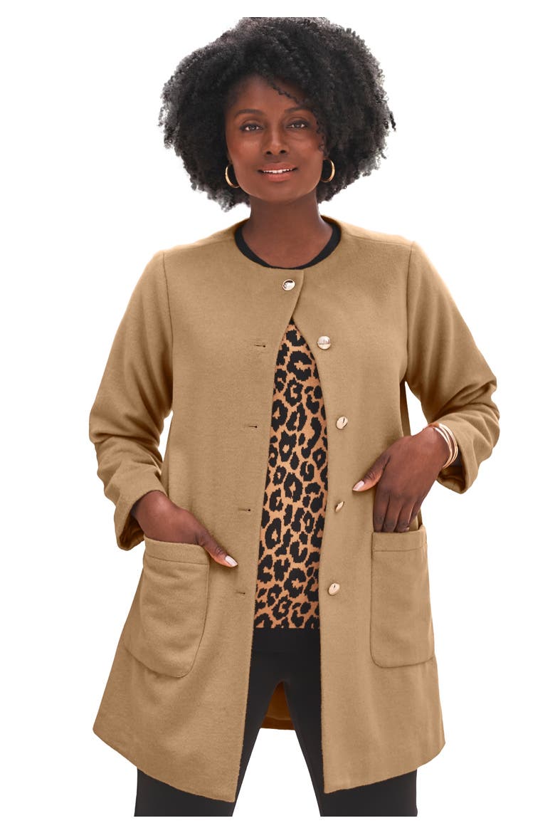 Collarless Button Front Coat, Main, color, SOFT CAMEL